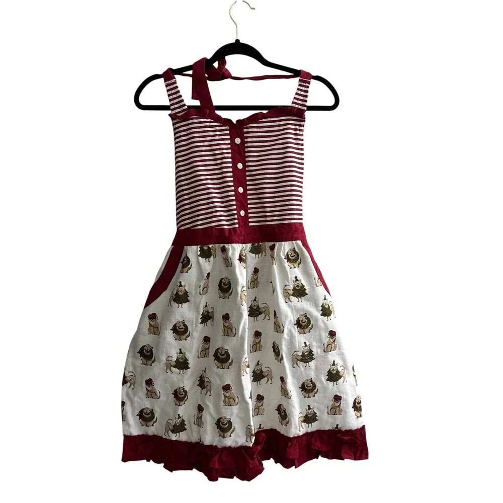 Santa's Workshop Christmas Apron Holiday Dog Print Striped Ruffle Red White